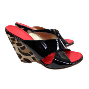 Giuseppe Zanotti Black & Red Patent Leather Pony Hair Leopard Wedge Heels 38.5